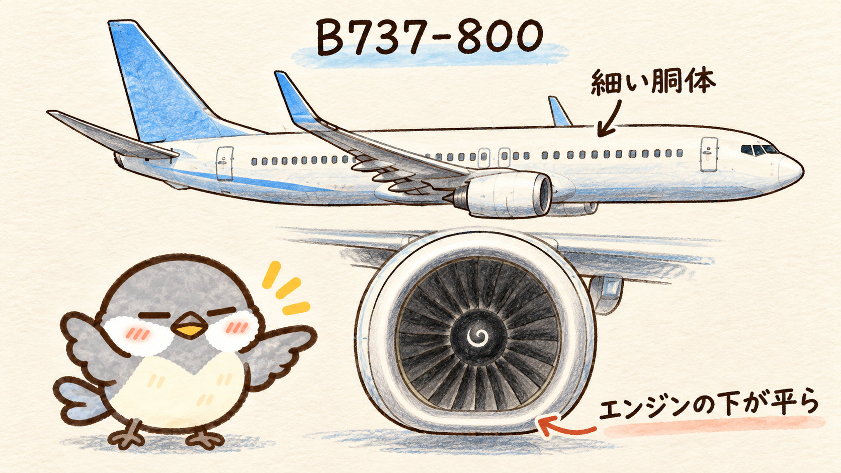 B737-800の細い胴体と下側が平らなエンジン吸気口を、オチュンが紹介する手書き風イラスト。