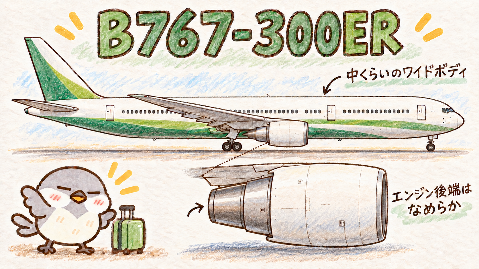 前脚と主脚を出して地上に停まるB767-300ERを真横から見た姿と、同じ向きのエンジン拡大図。線状の目のオチュンが、なめらかなエンジン後端を紹介する手書き風イラスト。