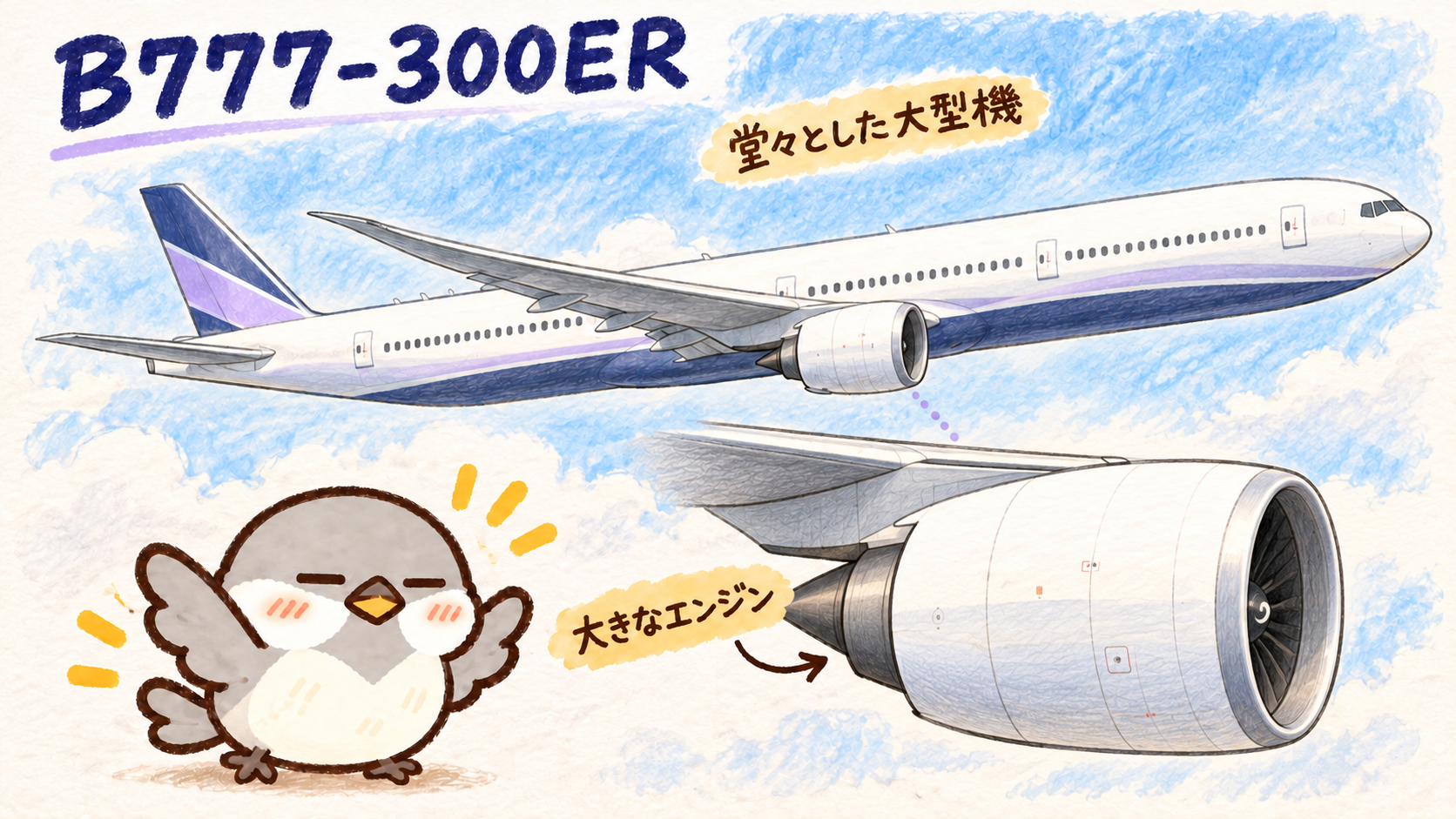 B777-300ERの主翼の下に付くエンジンと、同じ向きで拡大した翼との取り付け部分を示す手書き風イラスト。