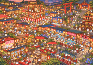 屋台や提灯が並び、たくさんの鳥が集まるお祭りの探し絵。オチュンを探せ！の問題画像。