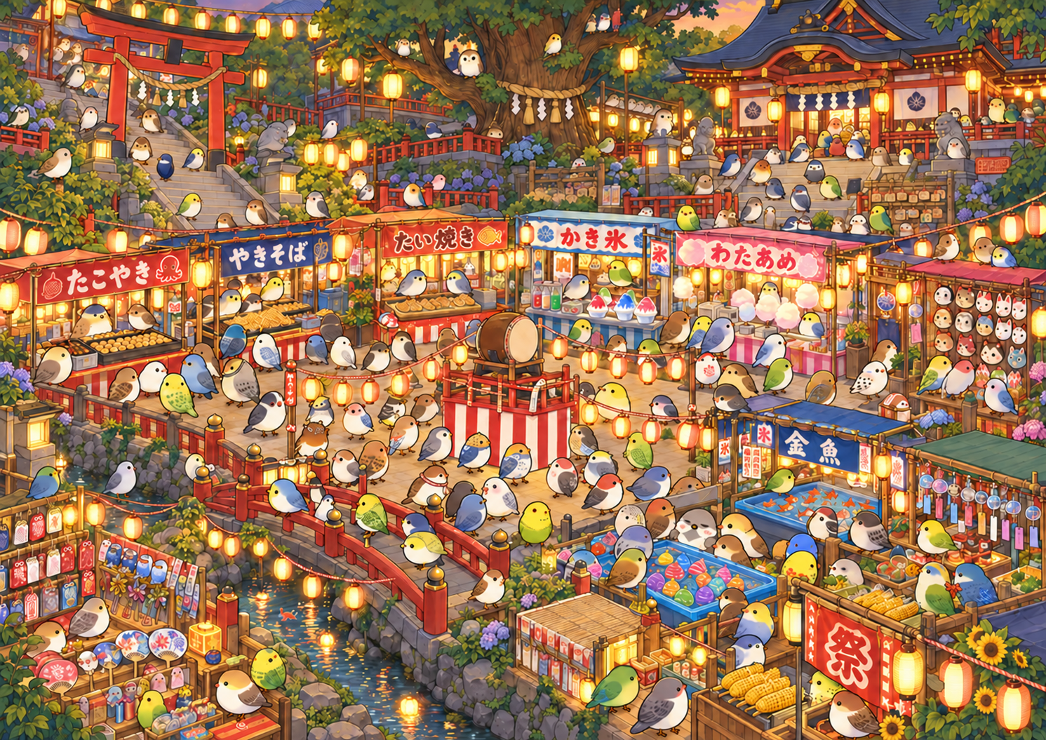 たくさんの鳥が集まるお祭りの探し絵。