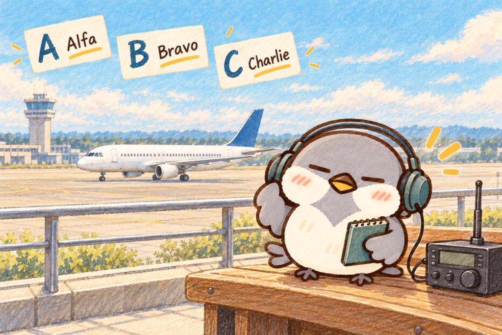 展望デッキでヘッドホンと受信機を使い、航空無線に耳を傾けるオチュンと、Alfa・Bravo・Charlieのカード